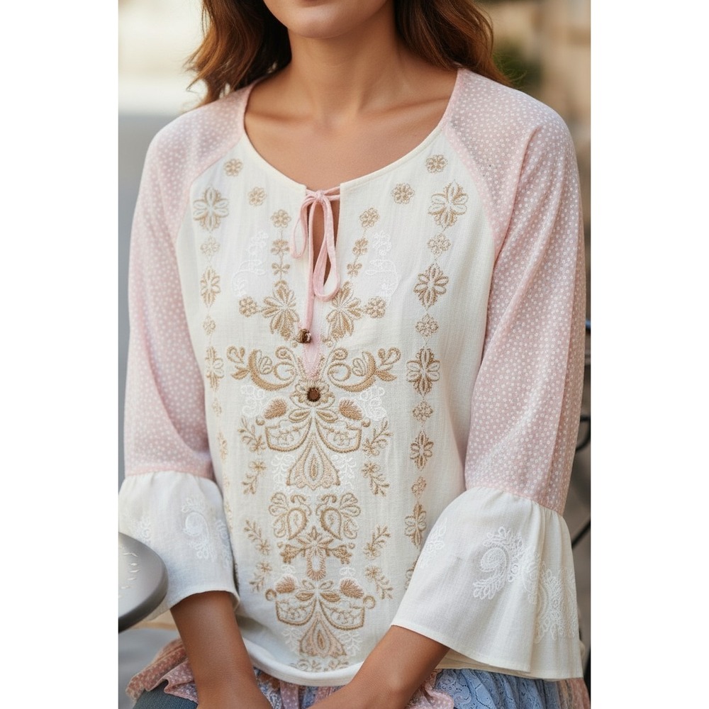 Coldwater‎ Creek Tunic Women SZ S Cream Pink Blue Boho Embroidered Spring Top
